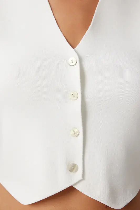 Kadın Ekru V Yaka Düğmeli Yazlık Triko Yelek FN03348-Ekru - 4