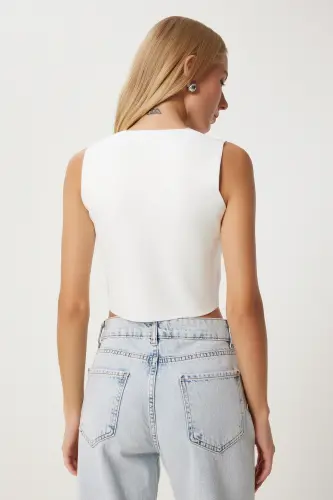 Kadın Ekru V Yaka Düğmeli Yazlık Triko Yelek FN03348-Ekru - 5