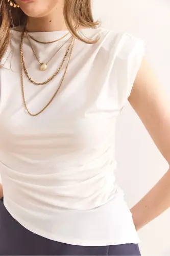 Kadın Ekru Vatkalı Drape Detaylı Altı Asimetrik Sandy Bluz BLZ-19002950 - Ekru - 6