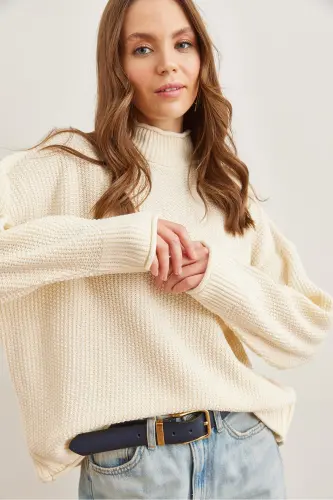 Kadın Ekru Yaka Manşet Kıvrık Petek Triko Kazak KZK-19000825-Ekru - 3