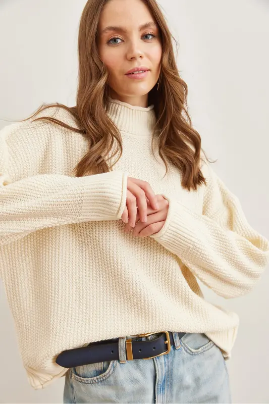 Kadın Ekru Yaka Manşet Kıvrık Petek Triko Kazak KZK-19000825-Ekru - 3