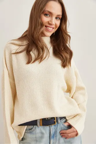 Kadın Ekru Yaka Manşet Kıvrık Petek Triko Kazak KZK-19000825-Ekru - 5