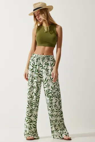 Kadın Ekru Yeşil Desenli Dökümlü Viskon Palazzo Pantolon EN00606-Ekru Yeşil - 2