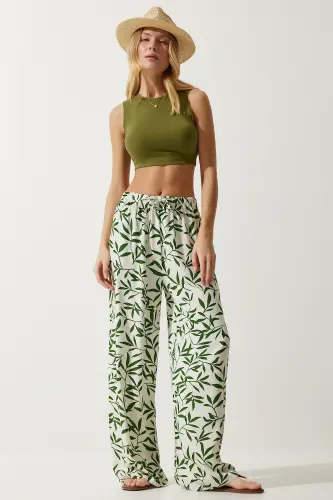 Kadın Ekru Yeşil Desenli Dökümlü Viskon Palazzo Pantolon EN00606-Ekru Yeşil - 3