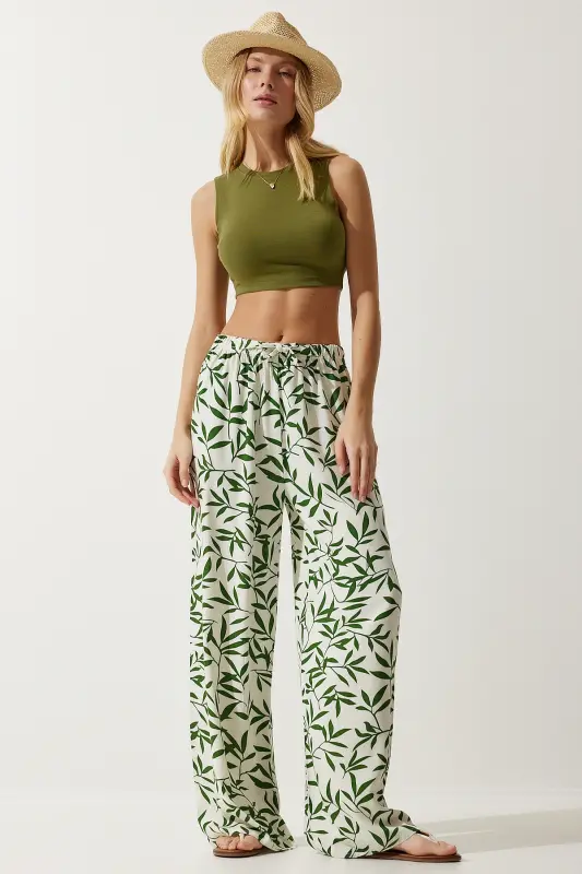 Kadın Ekru Yeşil Desenli Dökümlü Viskon Palazzo Pantolon EN00606-Ekru Yeşil - 3