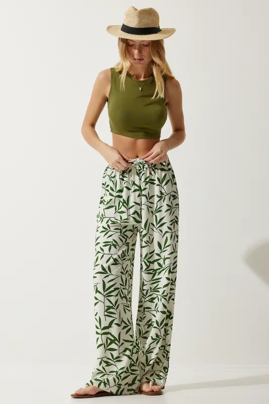 Kadın Ekru Yeşil Desenli Dökümlü Viskon Palazzo Pantolon EN00606-Ekru Yeşil - 4