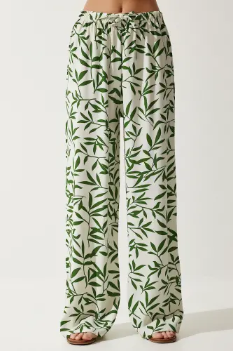 Kadın Ekru Yeşil Desenli Dökümlü Viskon Palazzo Pantolon EN00606-Ekru Yeşil - 5