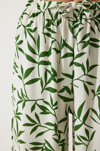 Kadın Ekru Yeşil Desenli Dökümlü Viskon Palazzo Pantolon EN00606-Ekru Yeşil - 6