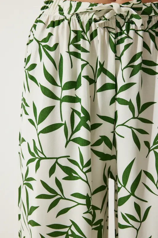 Kadın Ekru Yeşil Desenli Dökümlü Viskon Palazzo Pantolon EN00606-Ekru Yeşil - 6