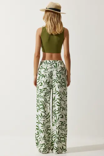 Kadın Ekru Yeşil Desenli Dökümlü Viskon Palazzo Pantolon EN00606-Ekru Yeşil - 7