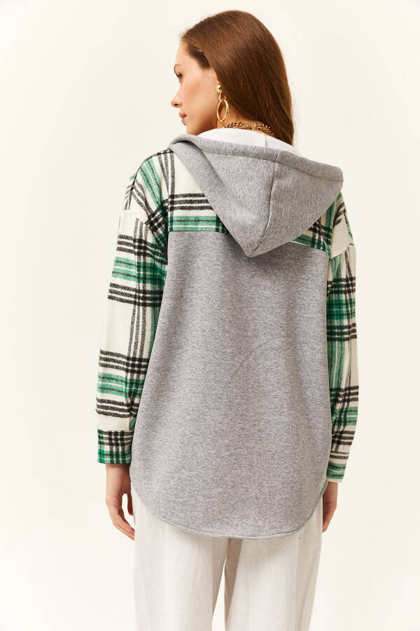Kadın Ekru Yeşil Ön Kaşe Arka Polarlı Kapüşonlu Oversize Gömlek - 5