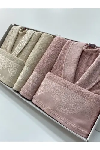 Kadın Erkek Aile Bornoz Seti Pamuk-BEJ*PUDRA - 1