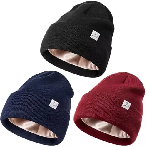 3 Pack Satin Lined Winter Beanie Hats for Women Men,Silk Lined Womens Beanies Knit Soft Warm Cuffed Hat - 1