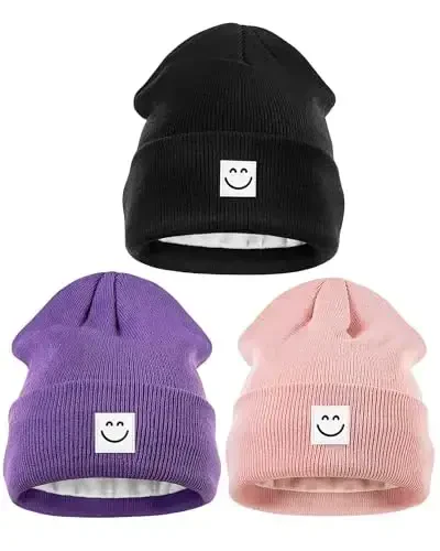 Winter Beanie Hats for Women Men 3Pack,Fleece Lined Womens Winter Hats with Smiley Face,Warm Cute Beanie for Cold Weather - WINTER
