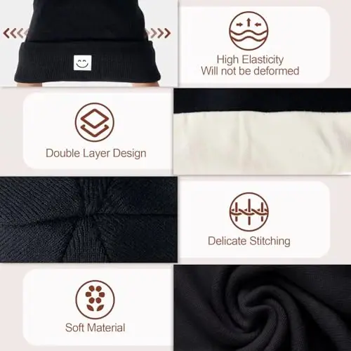 Winter Beanie Hats for Women Men 3Pack,Fleece Lined Womens Winter Hats with Smiley Face,Warm Cute Beanie for Cold Weather - 6