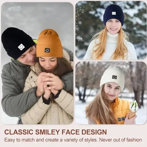 Winter Beanie Hats for Women Men 3Pack,Fleece Lined Womens Winter Hats with Smiley Face,Warm Cute Beanie for Cold Weather - 3