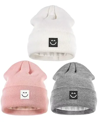 Winter Beanie Hats for Women Men 3Pack,Fleece Lined Womens Winter Hats with Smiley Face,Warm Cute Beanie for Cold Weather - 7