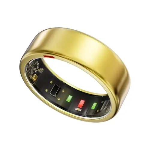 POBOVi Smart Ring for Women Men- Sleep/Fitness/Stress/Heart Rate Tracker- Menstrual Records - 7 Days Battery Life - Wireless Charging - No APP Subscription - iOS & Android Compatible (Gold, Size 7) - 1