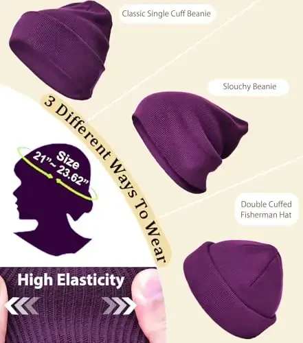 Cotton Beanie Hat for Women Men, Double Warm Knit Winter Hats, Fisherman Slouchy Ski Cuffed Beanies Skull Cap - 6