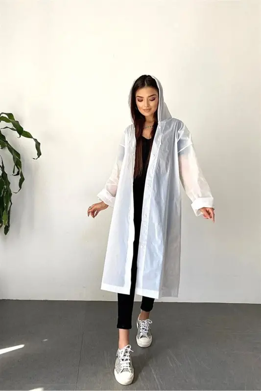 Kadın Erkek Yağmurluk Kapüşonlu Çıtçıtlı Eva Beyaz Yağmurluk BYMMRC881R02 - Beyaz - 6