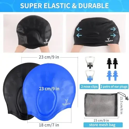 Swim Cap for Women Men - Large Silicone Swimming Cap for Long/Short Hair with 3D Ear Protection, Durable Non-Slip Waterproof Bath Swim Cap with Extra Room for Adults - 5