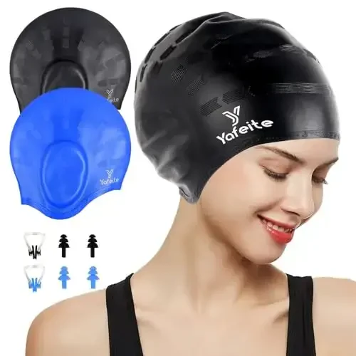 Swim Cap for Women Men - Large Silicone Swimming Cap for Long/Short Hair with 3D Ear Protection, Durable Non-Slip Waterproof Bath Swim Cap with Extra Room for Adults - 1