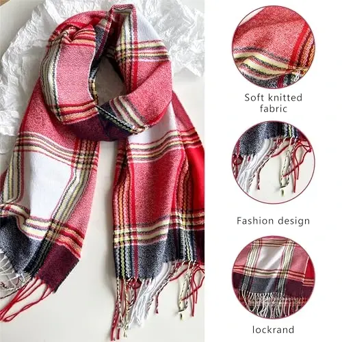 Women's Scarf Classic Tassel Plaid Super Soft Classic CasModazoneere Feel Fall Winter Scarves Tartan Warm Chunky Wrap Shawl - 5