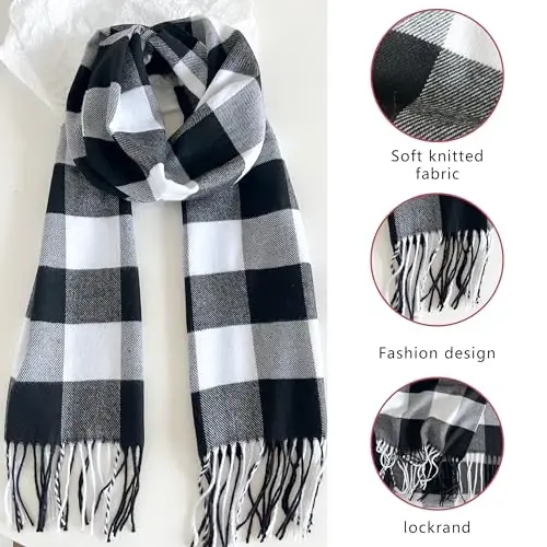 Women's Scarf Classic Tassel Plaid Super Soft Classic CasModazoneere Feel Fall Winter Scarves Tartan Warm Chunky Wrap Shawl - 4