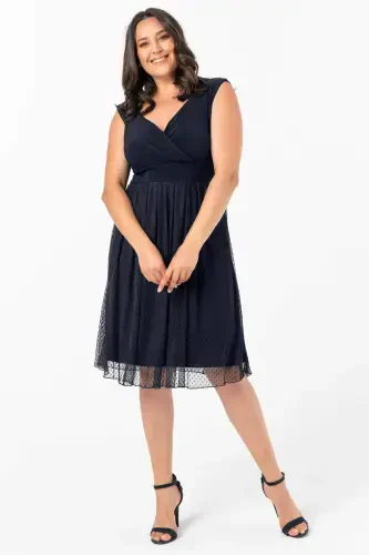 Kadın Esnek Puantiye Tül Esnek Şık Midi Lacivert Abiye Elbise KL3054 - BÜYÜKBEDENIZ (1)