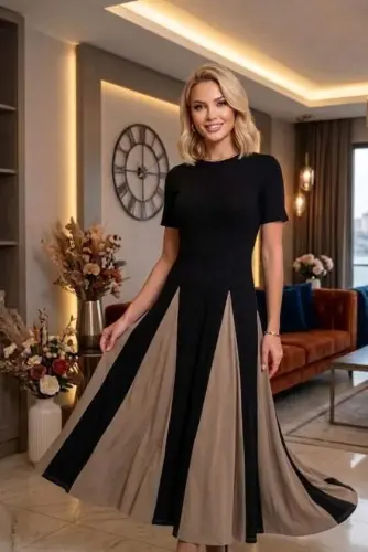 Kadın Eteği Parçalı Kısa Kol Maxi Elbise - 1