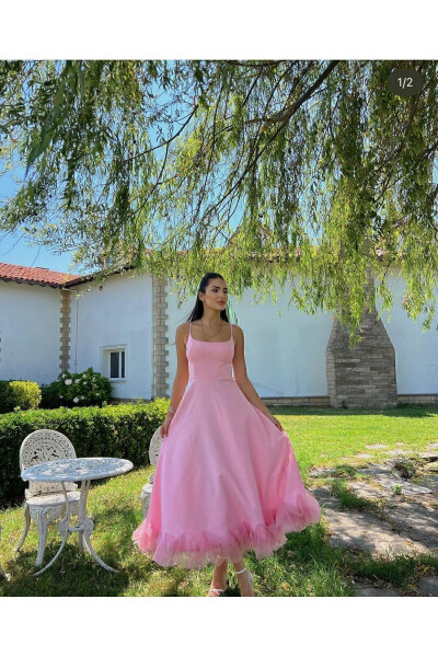 Kadın Eteği Tül Detaylı Askılı Midi Boy Abiye Premium Elbise - PEMBE - 1