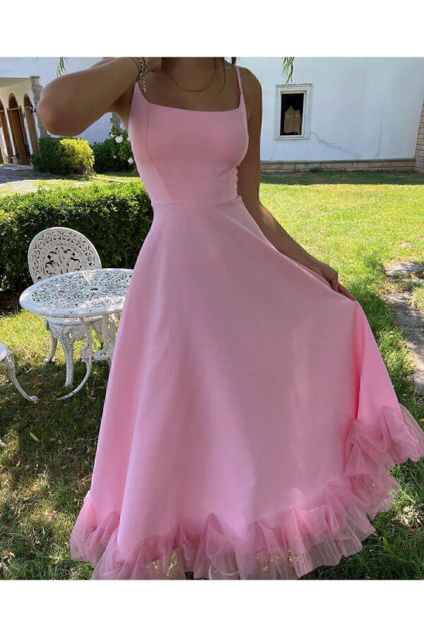 Kadın Eteği Tül Detaylı Askılı Midi Boy Abiye Premium Elbise - PEMBE - 3