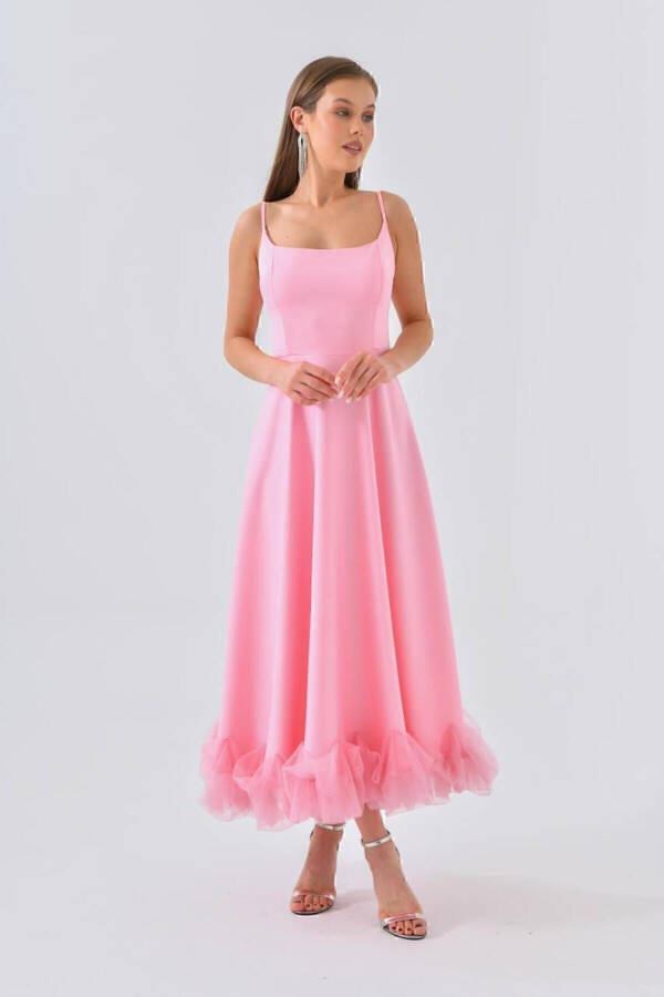 Kadın Eteği Tül Detaylı Askılı Midi Boy Abiye Premium Elbise - PEMBE - 4