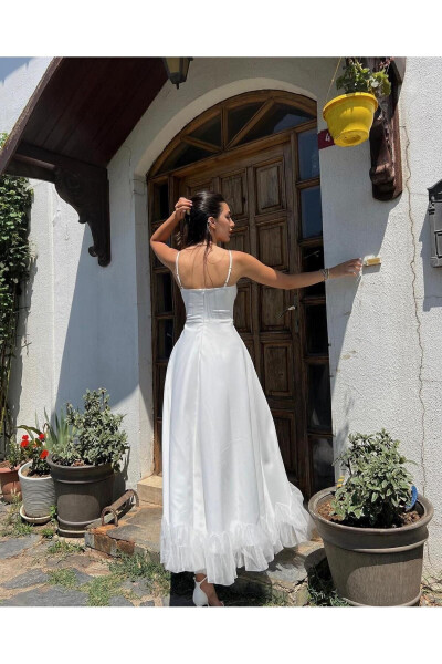 Kadın Eteği Tül Detaylı Askılı Midi Boy Abiye Premium Elbise - EKRU - 4