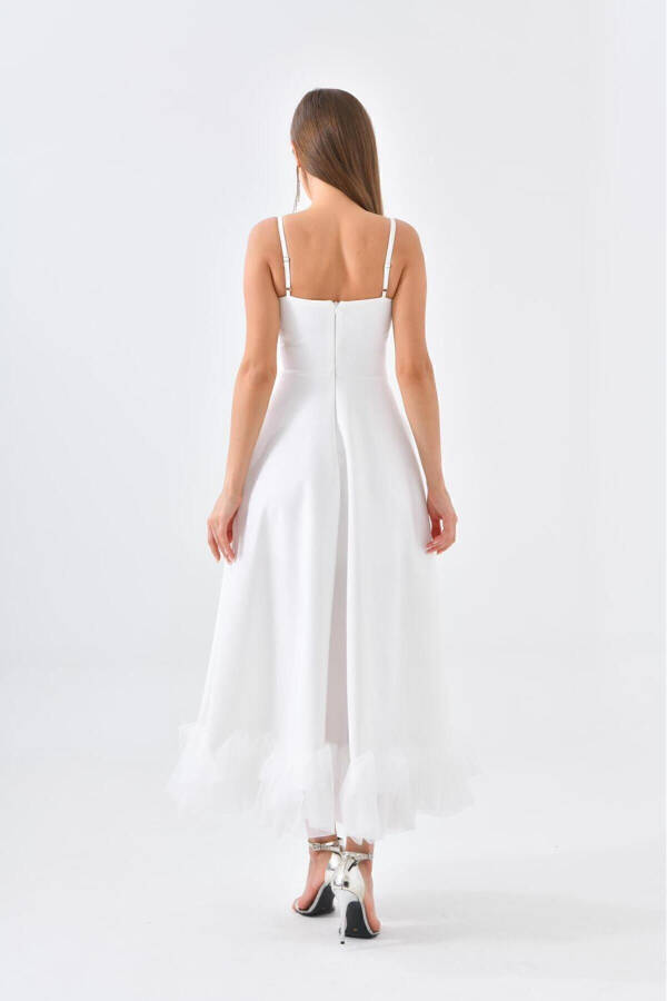 Kadın Eteği Tül Detaylı Askılı Midi Boy Abiye Premium Elbise - EKRU - 8