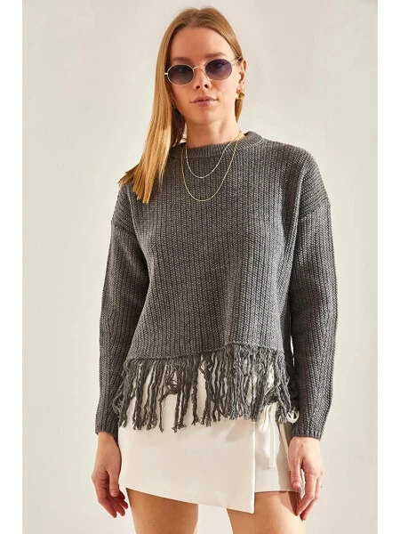 Kadın Etek Ucu Püsküllü Triko Kazak-Gri - Modazone
