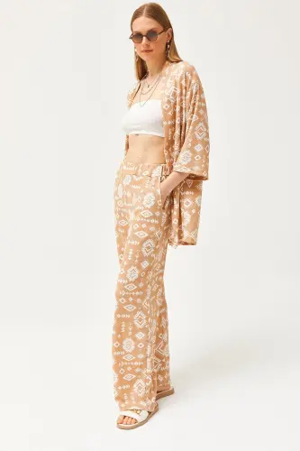 Kadın Etnik Camel Üst Kimono Alt Cepli Pantolon Takım TKM-19000276 - Etnik Camel - 1