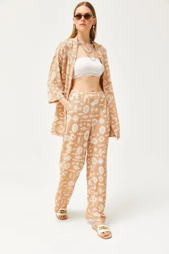 Kadın Etnik Camel Üst Kimono Alt Cepli Pantolon Takım TKM-19000276 - Etnik Camel - 3
