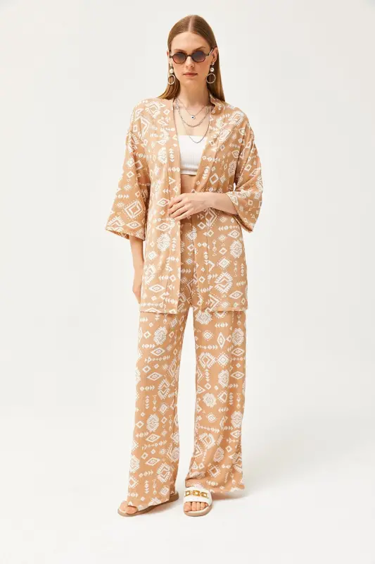 Kadın Etnik Camel Üst Kimono Alt Cepli Pantolon Takım TKM-19000276 - Etnik Camel - 4