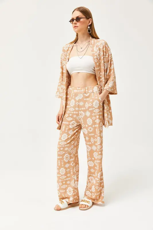 Kadın Etnik Camel Üst Kimono Alt Cepli Pantolon Takım TKM-19000276 - Etnik Camel - 5