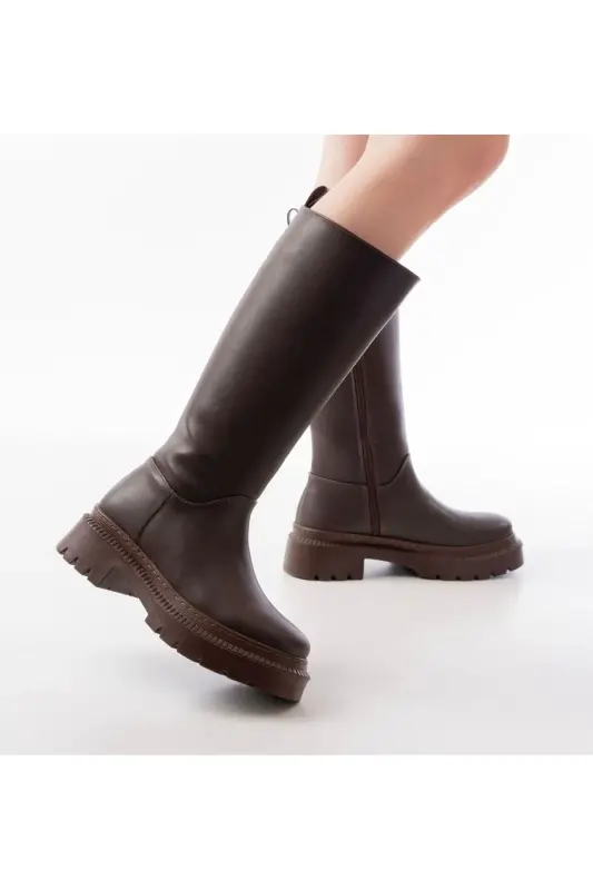 Kadın Fermuarlı Diz Altı Uzun Acı Kahve Cilt Topuklu Çizme Kahverengi-Kahverengi - BUEM