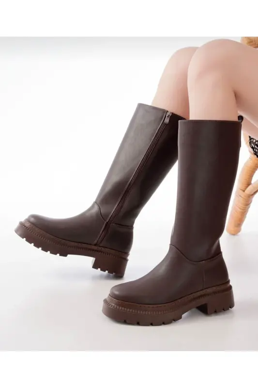 Kadın Fermuarlı Diz Altı Uzun Acı Kahve Cilt Topuklu Çizme Kahverengi-Kahverengi - 2