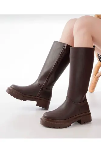 Kadın Fermuarlı Diz Altı Uzun Acı Kahve Cilt Topuklu Çizme Kahverengi-Kahverengi - BUEM (1)