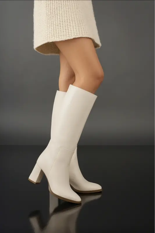 Kadın Fermuarlı Diz Altı Uzun Çizme yeni sezon çizme-Bej2 - BUEM