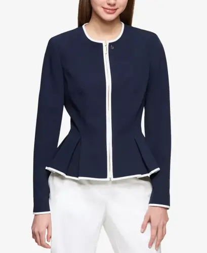 Women's Zip-Front Peplum Jacket - Midnight/Ivory - 1