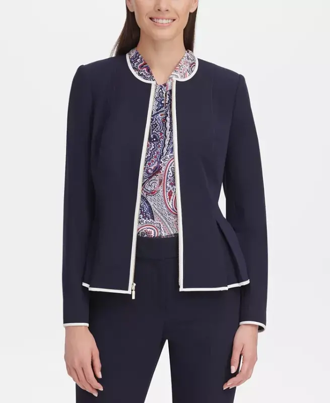 Women's Zip-Front Peplum Jacket - Midnight/Ivory - 9