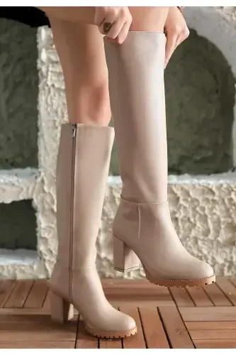 Kadın Fermuarlı Uzun Çizme-NUDE - 3