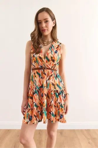 Kadın Fırça Turuncu Kruvaze Yaka Beli Lastikli Örme Elbise ELB-19002392 - 2