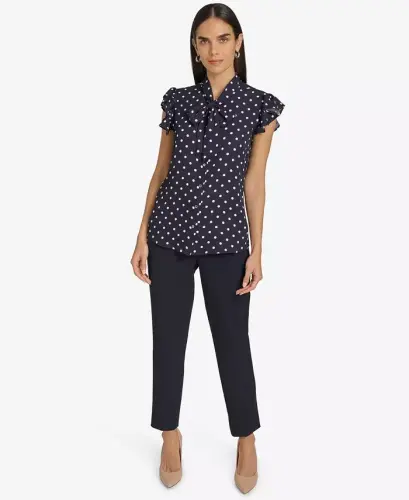 Women's Ruffle-Sleeve Bow Blouse - Mdnght/ivry - 4