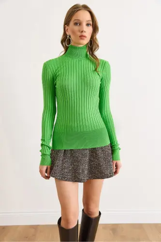 Kadın Fıstık Yeşili Balıkçı Yaka Kalın Fitili Triko Kazak KZK-19000872-Fıstık Yeşili - OLALOOK (1)